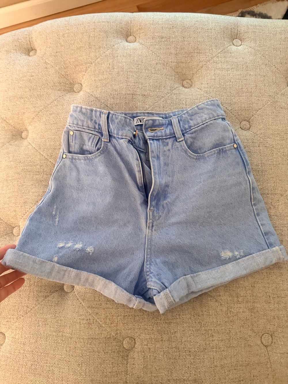 Zara Light Blue High Waist Rolled Hem Denim Shorts